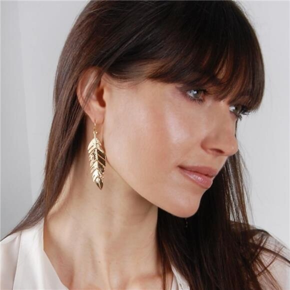 Humble Chic Leaf Earrings - Long Boho Feather Earrings in Gold, Silver, Rose Gol - Picture 2 of 7